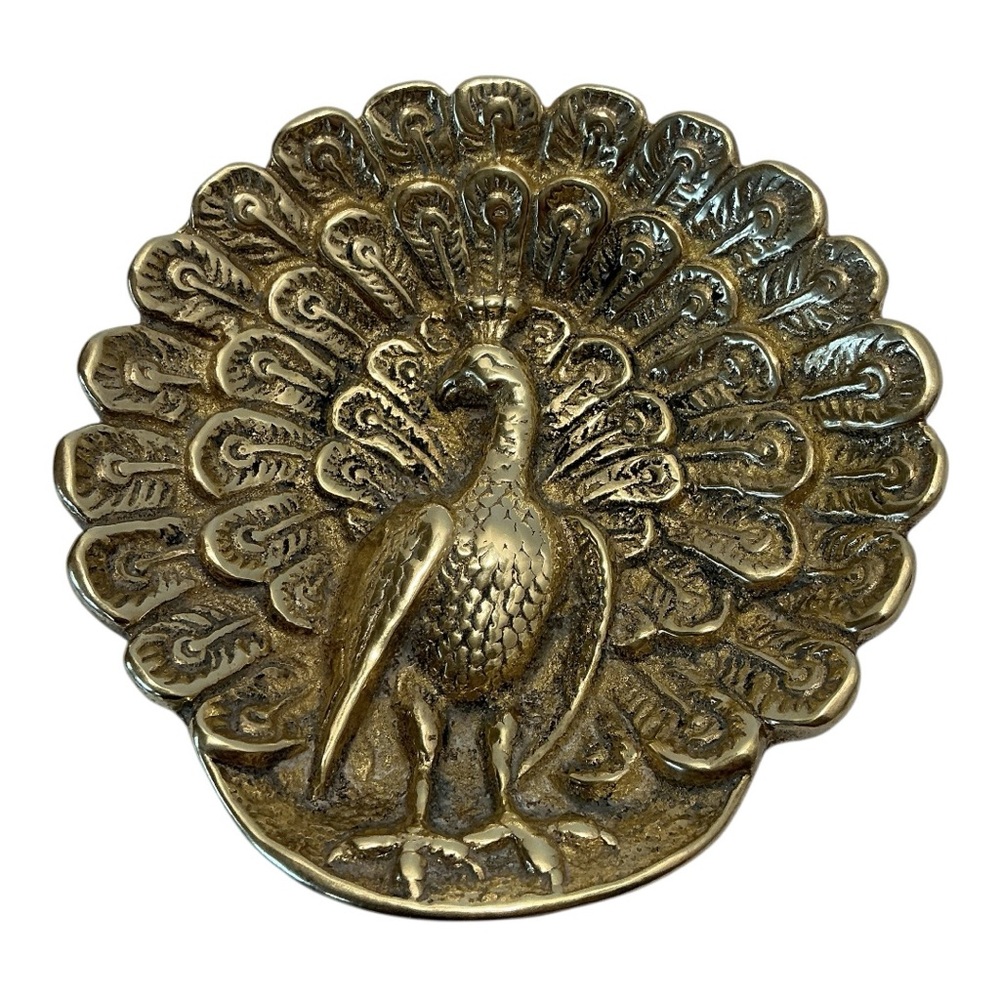 Brass Peacock Trinket Dish Scalloped Edge Embossed Raised 3D Feather Plume VTG - Picture 2 of 16